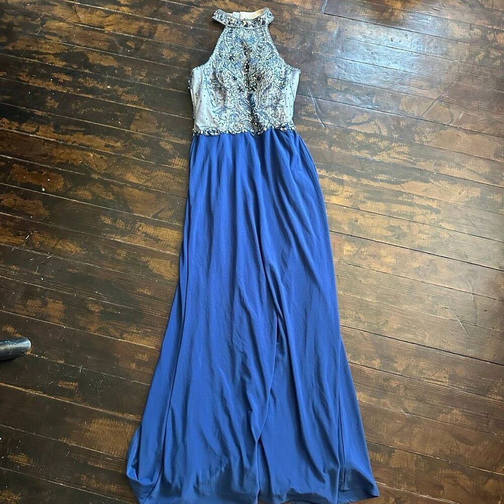 Camille La Vie semi formal blue rhinestone sexy evening maxi dress
